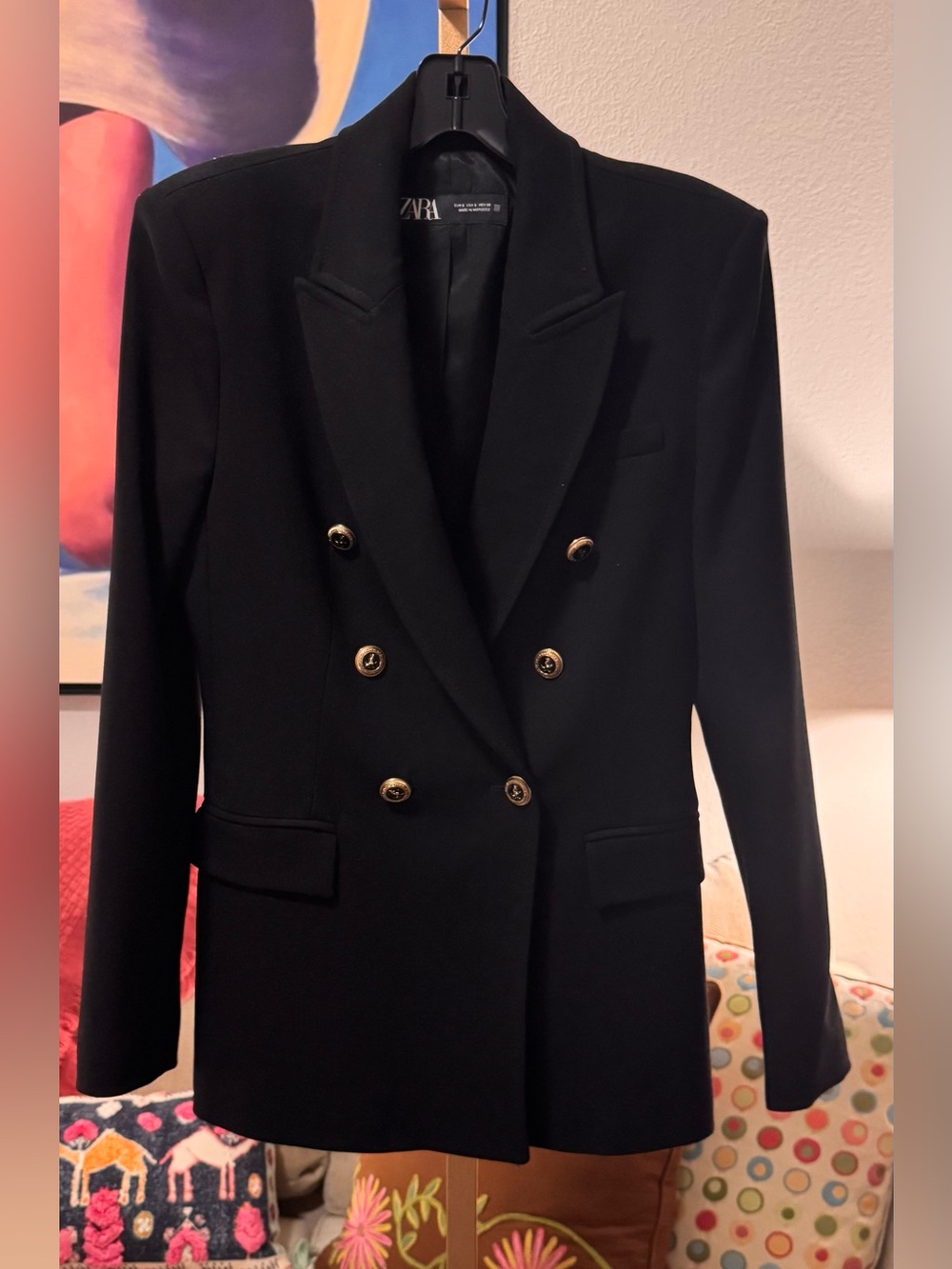 ZARA Navy Blue Double Breasted Gold Button Tailored Blazer Size S